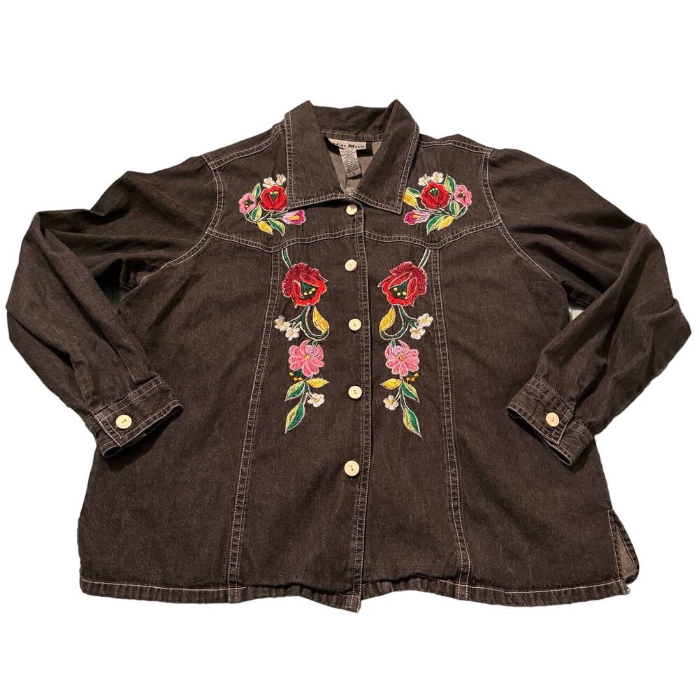 Vintage Indigo Moon Embroidered Boho Denim Top - Black Large